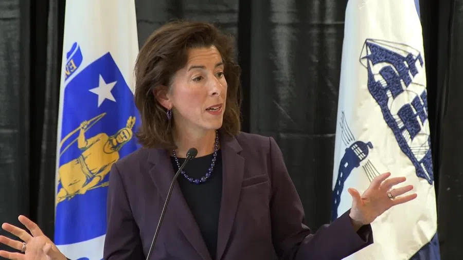 A screenshot from a video featuring US Secretary of Commerce Gina Raimondo delivering a keynote address at Massachusetts Institute of Technology, 30 November 2022. (Internet)