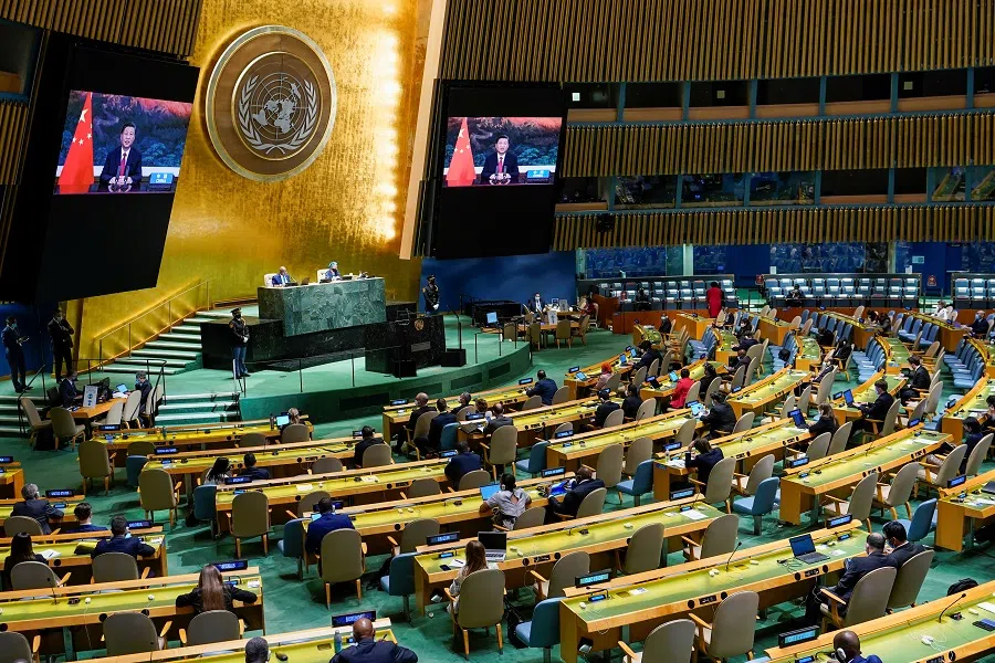Chinese President Xi Jinping speaks remotely during the 76th Session of the General Assembly at UN Headquarters in New York, US, on 21 September 2021. (Mary Altaffer/Pool via Reuters)