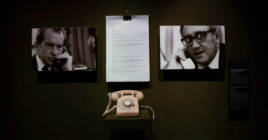 View of pictures of late former US President Richard Nixon and former US Secretary of State Henry Kissinger displayed at the Museum of Memory and Human Rights during "Secrets of State: the Declassified History of the Chilean Dictatorship" exhibition in Santiago on 24 October 2017. (Martin Bernetti/AFP)