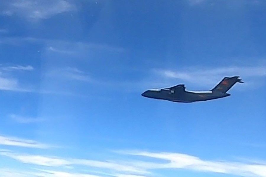 This handout photo from the Royal Malaysian Air Force taken on 31 May 2021 and released on 1 June shows a Chinese People's Liberation Army Air Force (PLAAF) Xian Y-20 aircraft that Malaysian authorities said was in the airspace over Malaysia's maritime zone near the coast of Sarawak state on Borneo island. (Handout/Royal Malaysian Air Force/AFP)