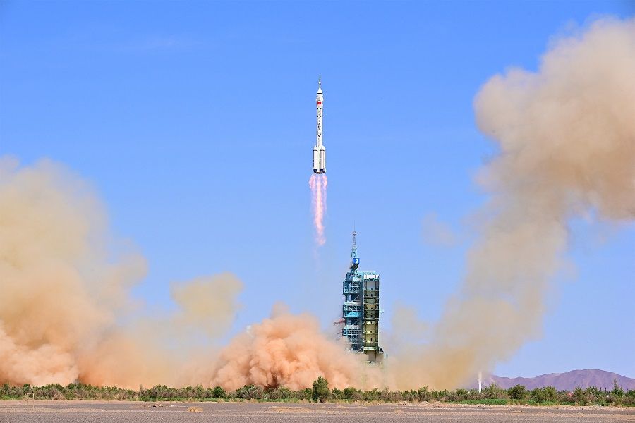The Long March 2F carrier rocket, carrying the Shenzhou-14 spacecraft and three astronauts, takes off from Jiuquan Satellite Launch Center for a crewed mission to build China's space station, near Jiuquan, Gansu province, China, 5 June 2022. (CNS photo via Reuters)