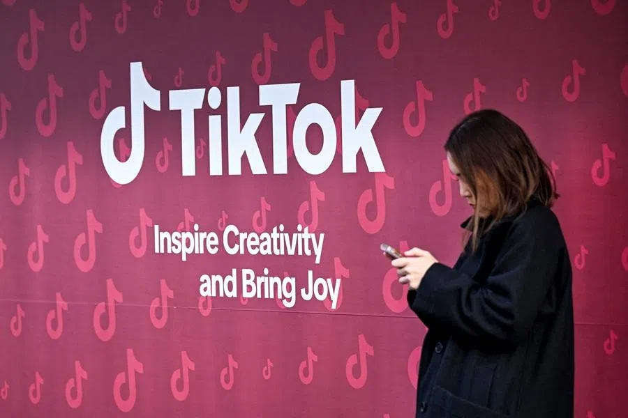 A woman uses her phone in front of Tiktok's booth during the World Economic Forum annual meeting in Davos on 19 January 2026. (Ina Fassbender/AFP)