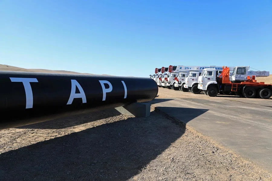 The pipes are pictured during the inauguration ceremony of the TAPI pipeline project, in the Tagtabazar district of Mary province, near the zero point between Turkmenistan and Afghanistan on 11 September 2024.