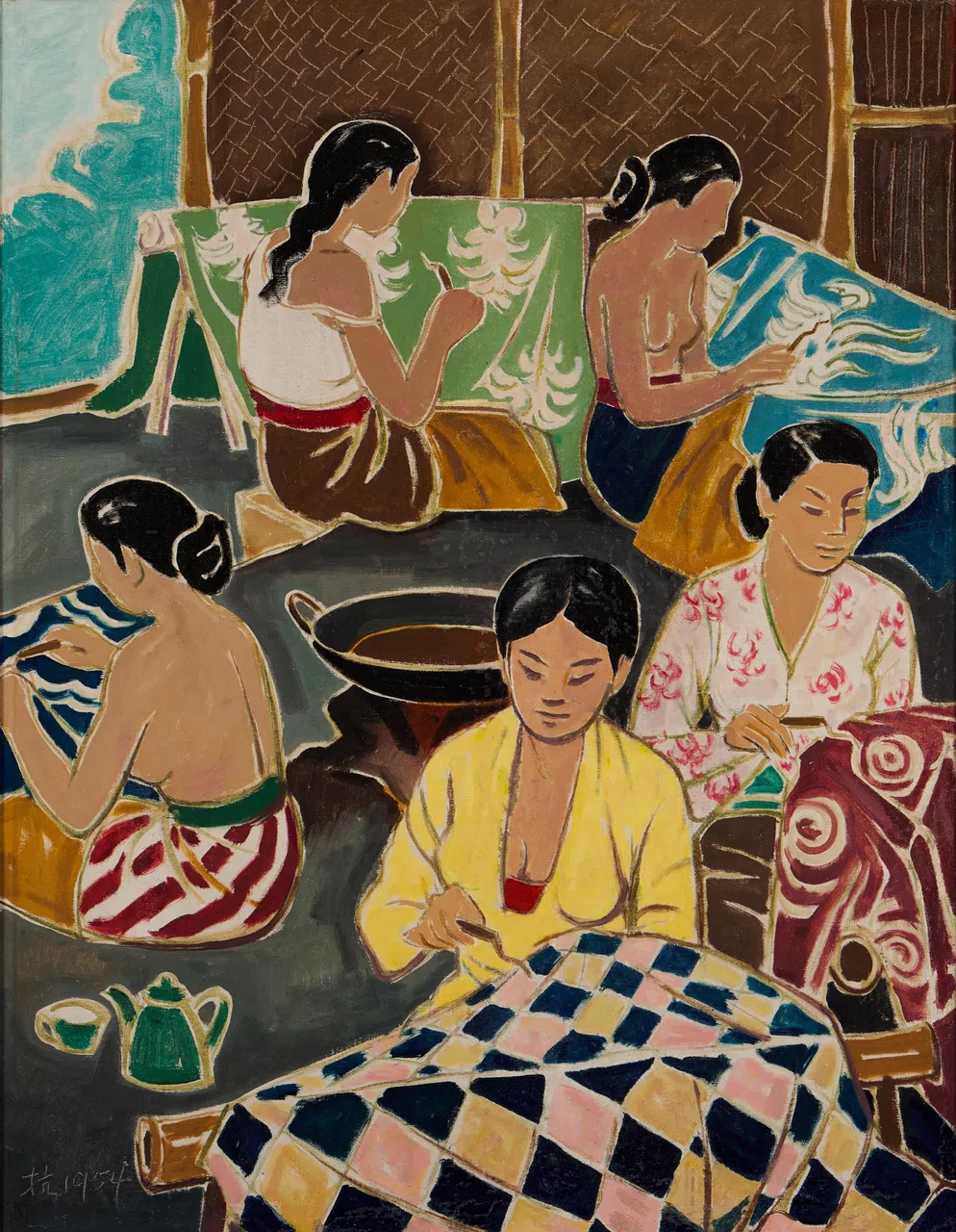 Liu Kang, Batik Workers, 1954, Oil on canvas, 88.5 x 69 cm. Gift of the Loke Wan Tho Collection. (Note: This work was formerly in Frank Sullivan’s collection.)