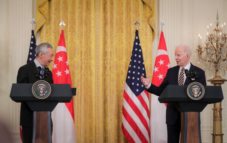 Singapore Prime Minister Lee Hsien Loong and US President Joe Biden giving a joint media conference in the East Room at the White House in Washington DC, 29 March 2022. (SPH Media)