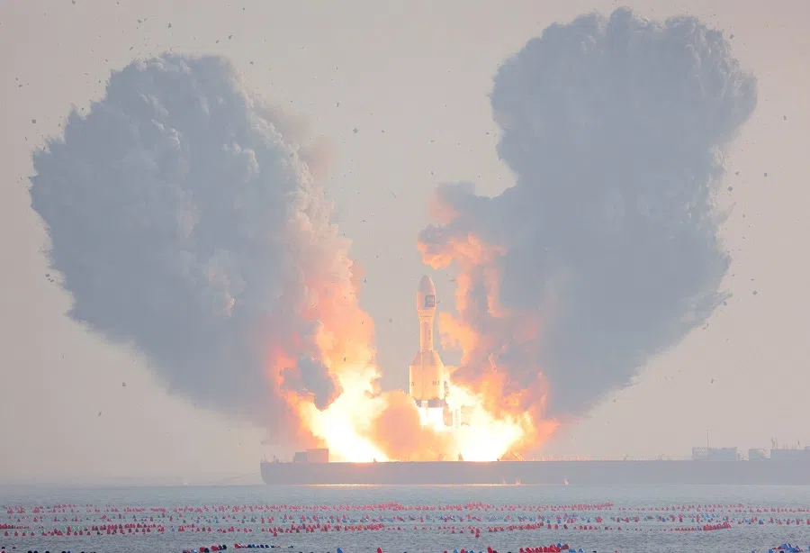The Gravity-1 rocket, developed by Chinese company Orienspace, takes off from a ship off the coast of Haiyang, Shandong province, China, on 11 January 2024. (China Daily via Reuters)