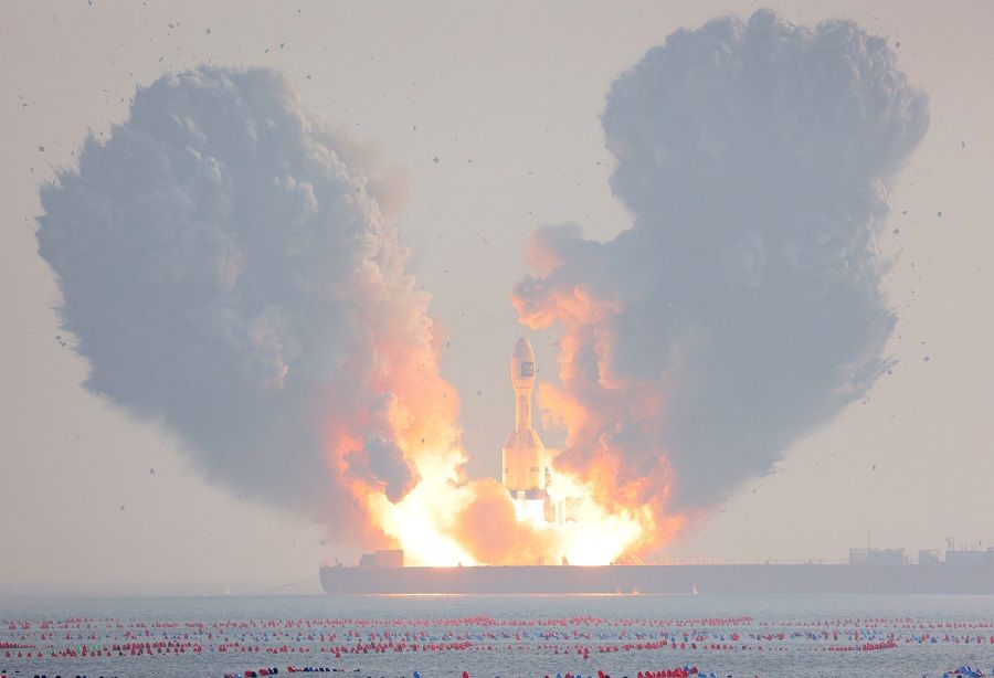 The Gravity-1 rocket, developed by Chinese company Orienspace, takes off from a ship off the coast of Haiyang, Shandong province, China, on 11 January 2024. (China Daily via Reuters)