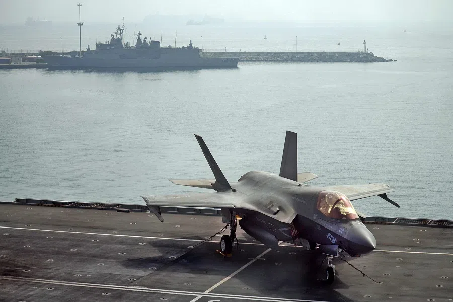 This file picture taken on 1 July 2021 shows a view of a US Marine Corps F-35B Lightning II multirole combat aircraft parked aboard the deck of the Royal Navy's HMS Queen Elizabeth aircraft carrier while moored in the new port of Limassol, Cyprus. (Roy Issa/AFP)