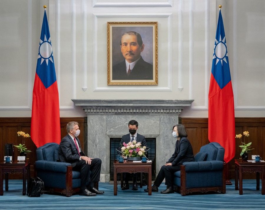 Phil Davidson, former commander of US Indo-Pacific Command, attends a meeting with Taiwan President Tsai Ing-wen at the presidential office in Taipei, Taiwan in this handout released 2 February 2023. (Taiwan Presidential Office/Handout via Reuters)