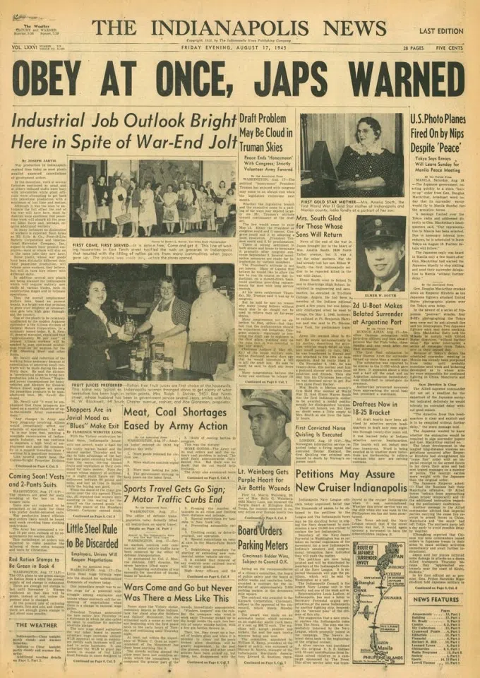 On 17 August 1945, three days after Japan's surrender, Allied troops were about to take charge of Japan. A report in The Indianapolis News warned that Japan had to abide by the surrender and not act recklessly.