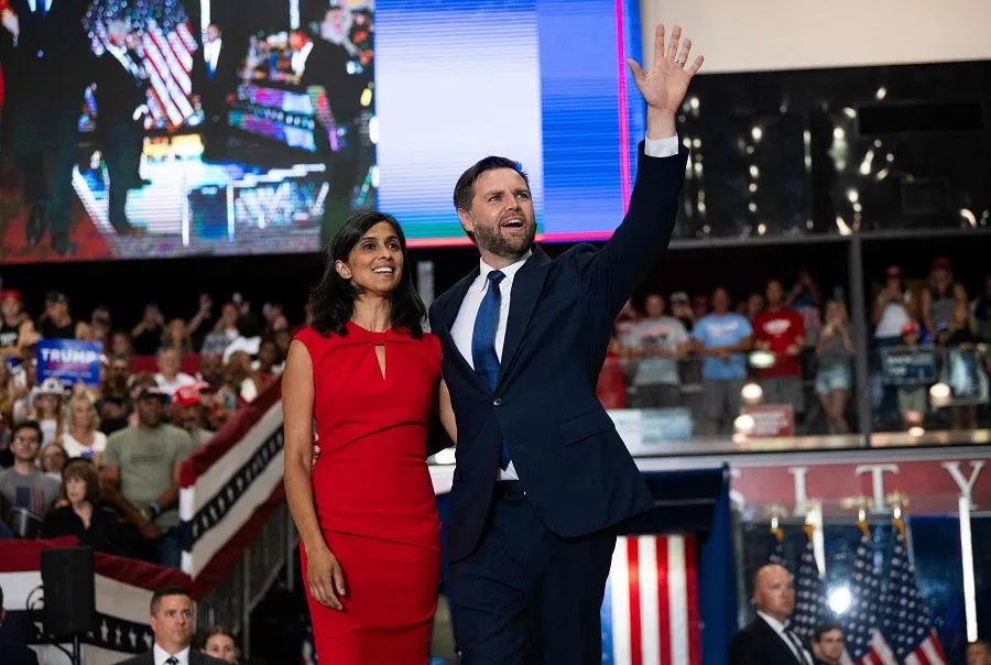 Republican vice presidential nominee JD Vance and his wife Usha Vance during a rally at Herb Brooks National Hockey Center on 27 July 2024 in St Cloud, Minnesota. (Stephen Maturen/Getty Images/AFP)