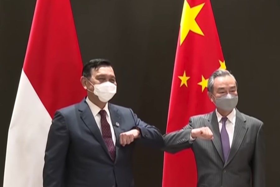 A screen grab from a video showing Indonesia's Coordinator for Cooperation with China and Coordinating Minister Luhut Binsar Pandjaitan with Chinese Foreign Minister Wang Yi in Guiyang, 5 June 2021. (Screen grab/CGTN/YouTube)