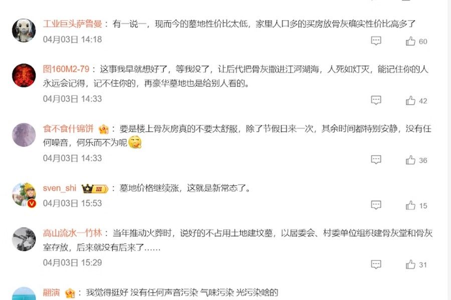 A screen capture of Weibo comments lamenting the high cost of cemeteries and the advantages of “ash units” as storage space. (Internet)