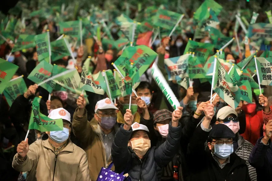 Supporters attend a Democratic Progressive Party (DPP) rally on the eve of the referendum in Taipei, Taiwan, 17 December 2021. (I-Hwa Cheng/Reuters)