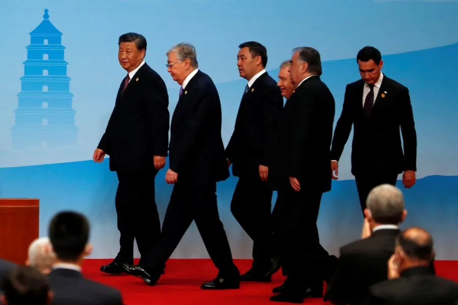 Chinese President Xi Jinping, Kazakhstan's President Kassym-Jomart Tokayev, Kyrgyzstan's President Sadyr Japarov, Uzbekistan's President Shavkat Mirziyoyev, Tajikistan's President Emomali Rahmon and Turkmenistan's President Serdar Berdymukhamedov arrive for the joint press conference of the China-Central Asia Summit in Xi'an, Shaanxi province, China, 19 May 2023. (Florence Lo/Reuters)