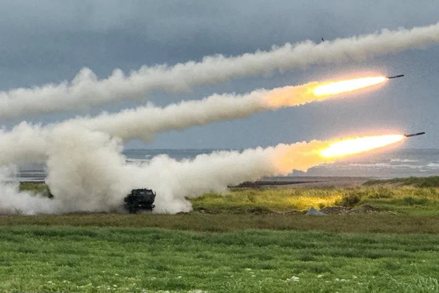 Taiwan's High Mobility Artillery Rocket Systems (HIMARS) fire rockets during a live-fire military exercise, which simulates an enemy invasion, in Taichung, Taiwan, on 10 June 2026.