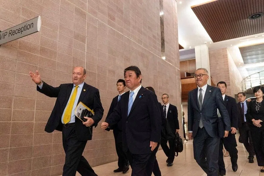 Japanese Foreign Minister Toshimitsu Motegi arrives at the Department of International Relations and Cooperation for bilateral talks in Pretoria, South Africa, 5 May 2026.