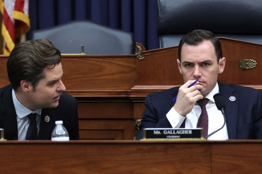 Mike Gallagher (right) at a hearing before the Cyber, Information Technology, and Innovation Subcommittee of the House Armed Services Committee at Rayburn House Office Building on Capitol Hill on 30 March 2023 in Washington, DC, US. The subcommittee held a hearing on "Cyberspace Operations: Conflict in the 21st Century". (Alex Wong/AFP)