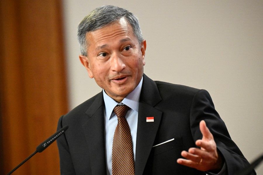Singapore's Minister of Foreign Affairs Vivian Balakrishnan speaks in the Foreign Office in Berlin, Germany, 4 April 2022. (Tobias Schwarz/Pool via Reuters)