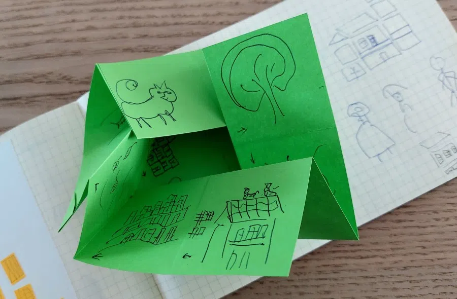 A page from the writer's notebook, folded origami style. (Lim Jen Erh)