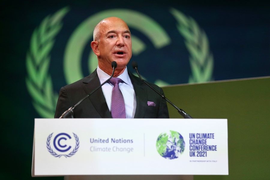 Jeff Bezos, founder of Amazon.com Inc., speaks during the Action on Forests and Land Use session at the COP26 climate talks in Glasgow, UK, on 2 November 2021. (Robert Perry/Bloomberg)