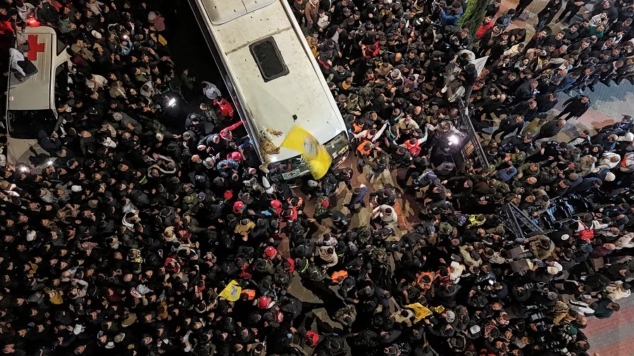 A drone view of people gathering during the arrival of the freed Palestinian prisoners, after they were released from an Israeli jail as part of a hostages-prisoners swap and a ceasefire deal in Gaza between Hamas and Israel, in Ramallah, in the Israeli-occupied West Bank, on 30 January 2025. (Reuters)