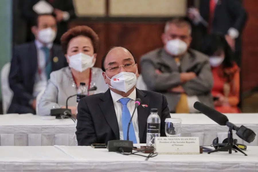President of Vietnam Nguyen Xuan Phuc at the Vietnam-Singapore Business Dialogue at Shangri-la Hotel on 25 February 2022. (SPH Media)