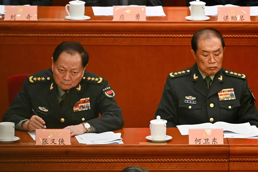 He Weidong (right), second-ranked vice-chairman of China’s Central Military Commission (CMC), and Zhang Youxia, first-ranked vice-chairman of the CMC, attend the opening ceremony of the Chinese People’s Political Consultative Conference at the Great Hall of the People in Beijing on 4 March 2025. (Pedro Pardo/AFP)