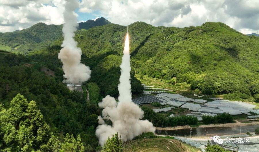 The Rocket Force under the Eastern Theater Command of China's People's Liberation Army (PLA) conducts conventional missile tests in the waters off the eastern coast of Taiwan, from an undisclosed location in this handout released on 4 August 2022. (Eastern Theater Command/Handout via Reuters)