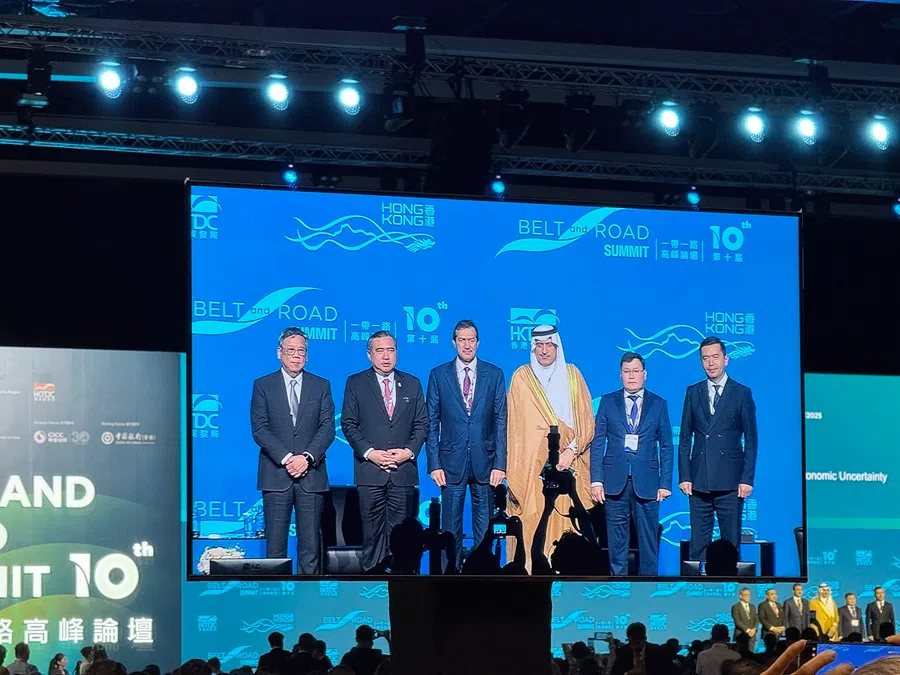 (Left to right) Hong Kong's Secretary for Commerce and Economic Development Algernon Yau, Malaysia's Minister of Transport Anthony Loke, Qatar's Minister of State for Foreign Trade Ahmed bin Mohammed Al Sayed, Saudi Arabia's CEO of the Saudi Investment Promotion Authority Khaled Al Khattaf, Kazakhstan's Deputy Minister of National Economy Yerlan Sagnayev, and Uzbekistan's Deputy Minister of Economy and Finance Umid Abidkhadjaev at a policy dialogue at the 10th Belt and Road Summit in Hong Kong on 10 September 2025.