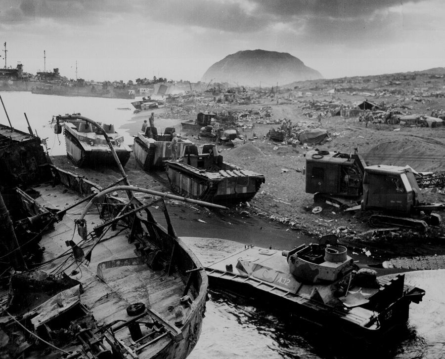 US vehicles knocked out by Japanese resistance on the black sands of Iwo Jima, March 1945. (US National Archives/Handout via Reuters/File Photo)