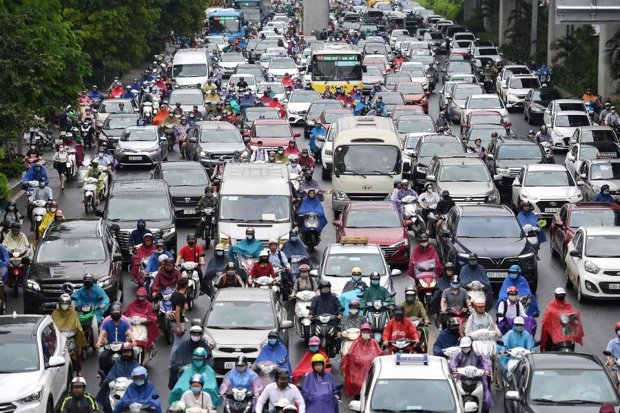 Motorists are pictured in morning rush hour traffic on a congested road in Hanoi, 12 May 2020. (Nhac Nguyen/AFP)