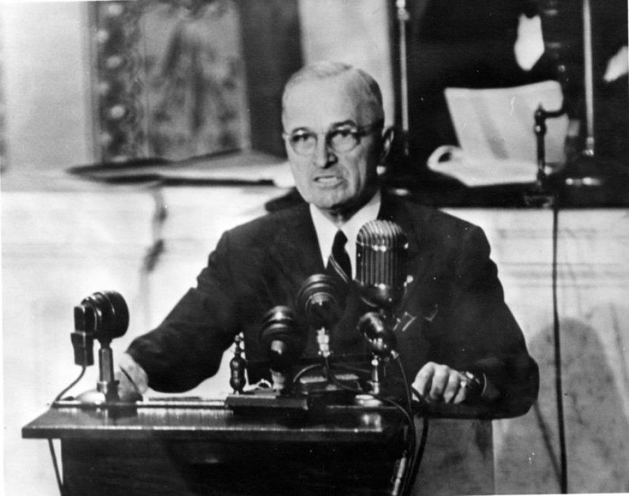 President Harry S. Truman addressing a joint session of Congress on 12 March 1947 asking for US$400 million in aid to Greece and Turkey. This speech became known as the "Truman Doctrine" speech. (Wikimedia)