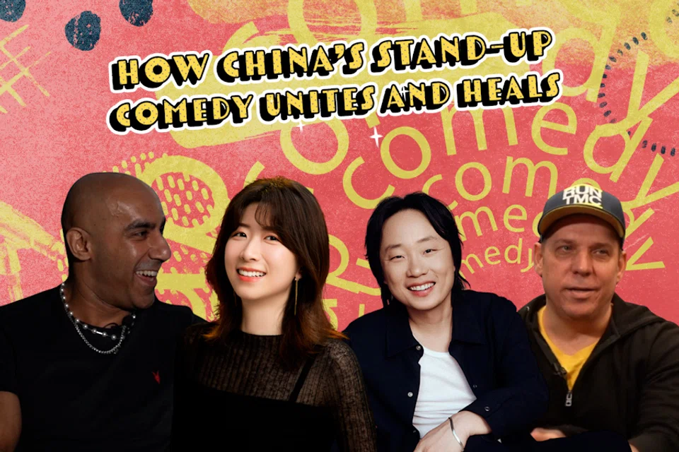 A diverse lineup of China’s stand-up comedians, from left: Harry Hussain, Norah Yang, Jimmy O. Yang and Ian Badenhorst. (Yi Jina)