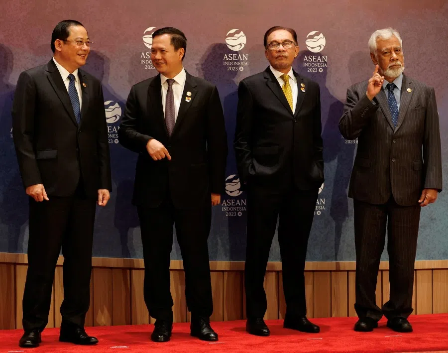 Cambodia's Prime Minister Hun Manet (second from left) talks with Laos' Prime Minister Sonexay Siphandone (first from left) as Malaysian Prime Minister Anwar Ibrahim (second from right) and East Timor's Prime Minister Xanana Gusmao (first from right) look on ahead of the ASEAN-Japan Summit in Jakarta, Indonesia, on 6 September 2023. (Willy Kurniawan/Reuters)