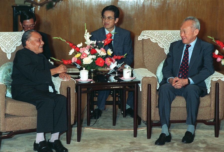 Singapore founding Prime Minister Lee Kuan Yew (right) meets China paramount leader Deng Xiaoping during Lee's official visit to China in September 1988. (SPH)