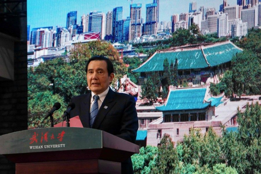 This handout picture taken and released from former President Ma Ying-jeou office on 30 March 2023 shows former Taiwanese President Ma Ying-jeou speaks at the Wuhan University in Hunan province, China. (Handout/Ma Ying-jeou office/AFP)