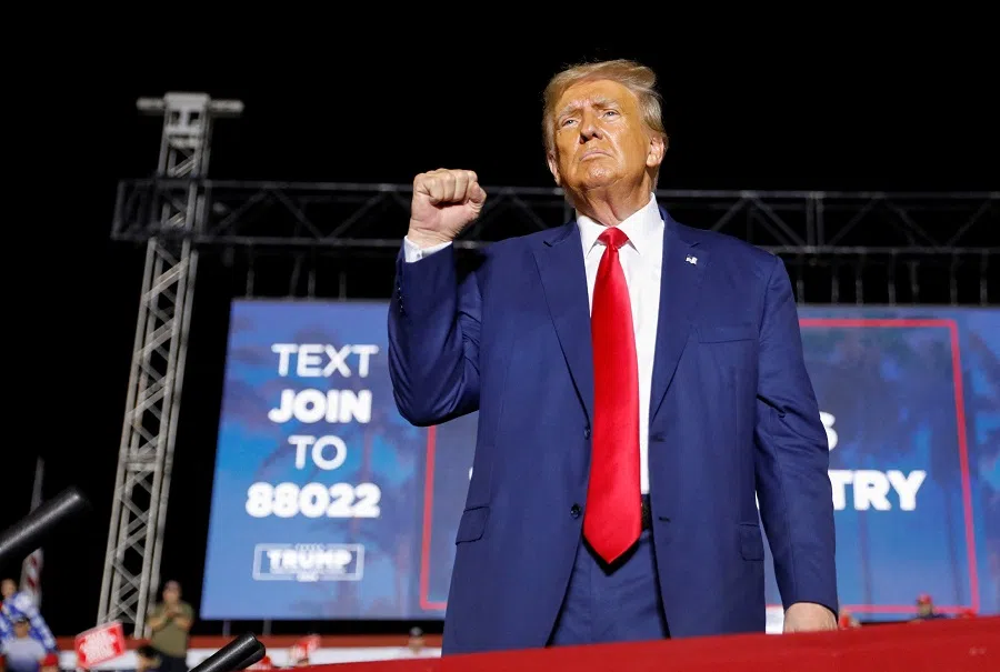 Republican presidential candidate and former US President Donald Trump gestures during a campaign rally at Ted Hendricks Stadium in Hialeah, Florida, US, on 8 November 2023. (/Octavio Jones/Reuters)