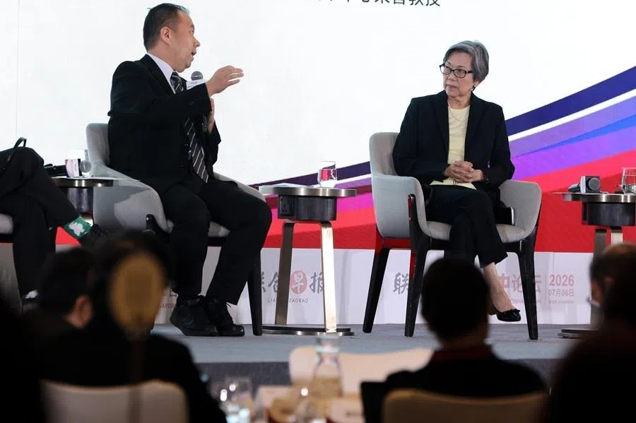 Prof Zhao Minghao of Fudan University and Prof Chan Heng Chee, Singapore’s ambassador-at-large, take part in the panel discussion on “The Global Order: Changing Tunes, New Realities” at the Singapore-China Forum held in Singapore on 6 July 2026, moderated by Han Yong Hong, associate editor at Lianhe Zaobao.