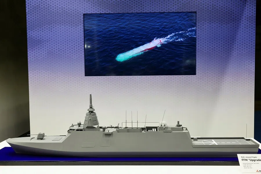 A mock model of the FFM “Upgraded Mogami” class is displayed during the Defence Security Equipment International (DSEI) Japan at Makuhari Messe in Chiba, east of Tokyo, Japan, on 21 May 2025.