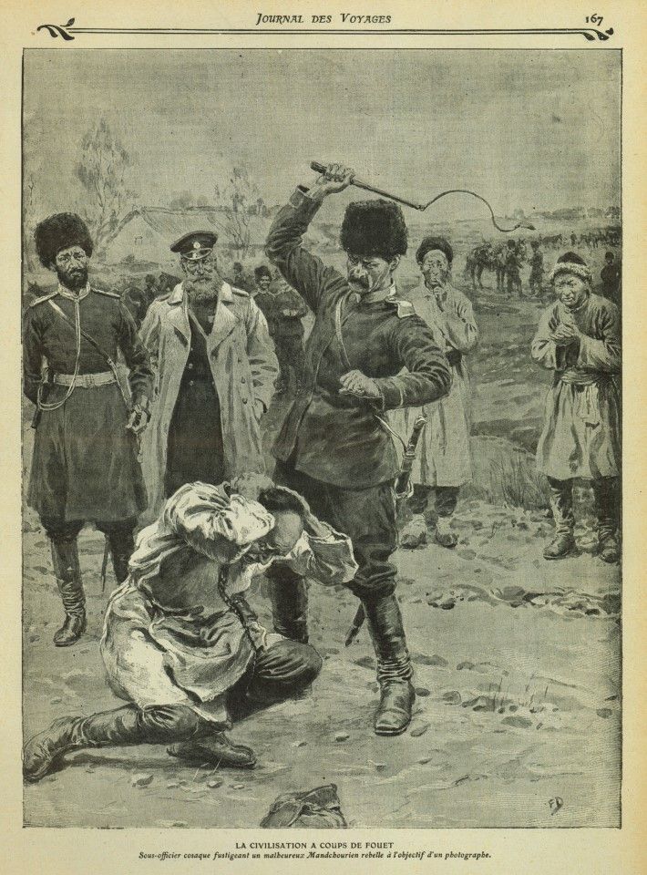 In 1905, French publication Journal des Voyages depicted the violence inflicted on the Chinese by the Russian Army during the Russo-Japanese War.