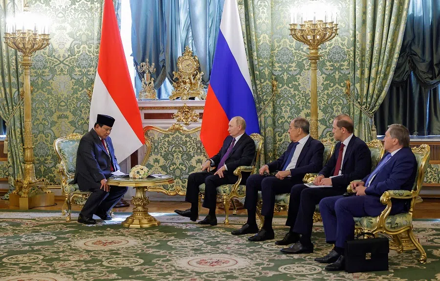 Russia’s President Vladimir Putin, Russia’s Foreign Minister Sergei Lavrov, Russian First Deputy Prime Minister Denis Manturov and Russian Presidential aide Yuri Ushakov attend a meeting with Indonesia’s President-elect Prabowo Subianto (left) at the Kremlin in Moscow on 31 July 2024. (Maxim Shemetov/AFP)