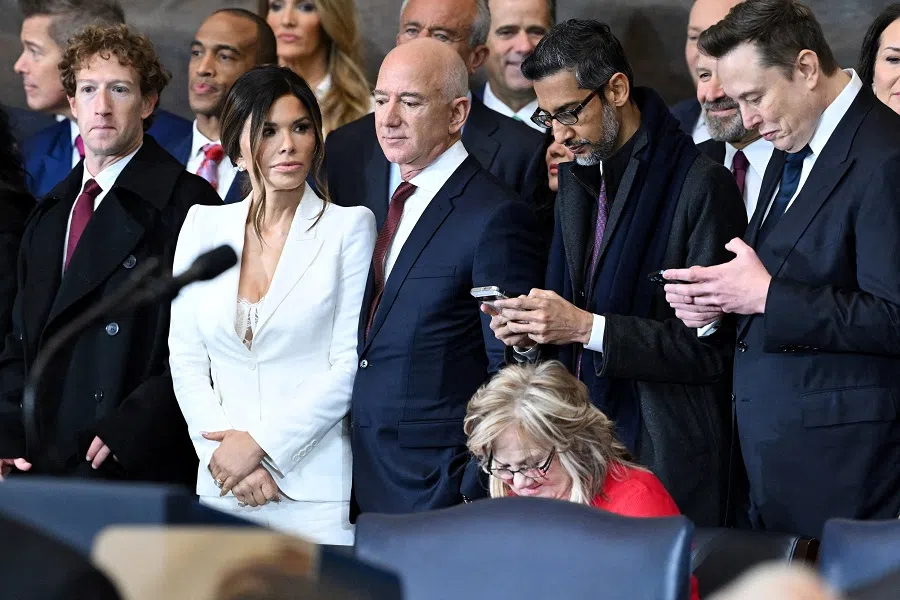 CEO of Meta and Facebook Mark Zuckerberg, Lauren Sanchez, Amazon founder Jeff Bezos, Google CEO Sundar Pichai and Tesla and SpaceX CEO Elon Musk attend the inauguration ceremony before Donald Trump is sworn in as the 47th US President in the US Capitol Rotunda in Washington, DC, on 20 January 2025. (Saul Loeb/Pool via Reuters)