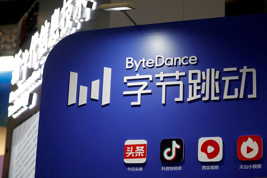 The logo of TikTok's parent company ByteDance is seen at its booth during an organised media tour to the Zhongguancun National Innovation Demonstration Zone Exhibition Center in Beijing, China, 10 February 2022. (Florence Lo/File Photo/Reuters)