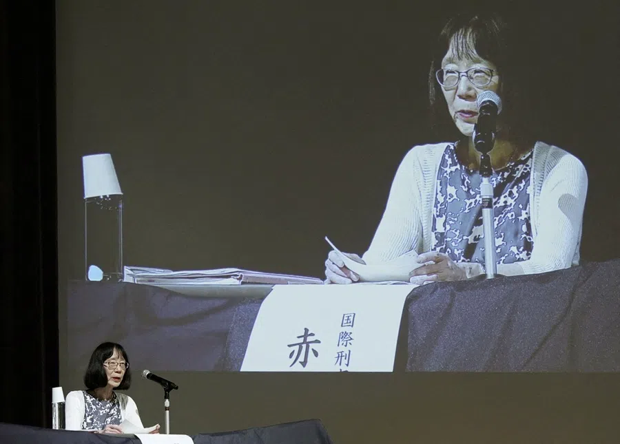 International Criminal Court President Tomoko Akane speaks during an event in Osaka, western Japan, 27 July 2026, in this photo taken by Kyodo.