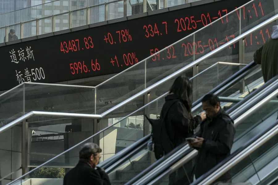 An electronic ticker displays the figures for the Dow Jones Industrial Average (top) and the S&P 500 on a footbridge in Pudong’s Lujiazui Financial District in Shanghai, China, on 21 January 2025. (Qilai Shen/Bloomberg)