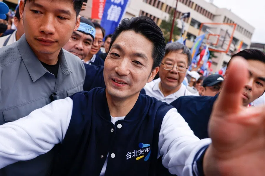 Taipei mayor Chiang Wan-an arrives at the opening of his campaign headquarters in Taipei, Taiwan, on 26 October 2026.