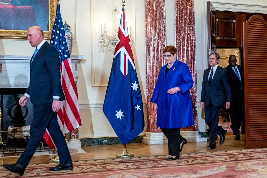 (left to right) Australian Defence Minister Peter Dutton, Foreign Minister Marise Payne, US Secretary of State Antony Blinken and Defence Secretary Lloyd Austin arrive to pose for a group photograph at the State Department in Washington, DC, on 16 September 2021. (Andrew Harnik/Pool/AFP)