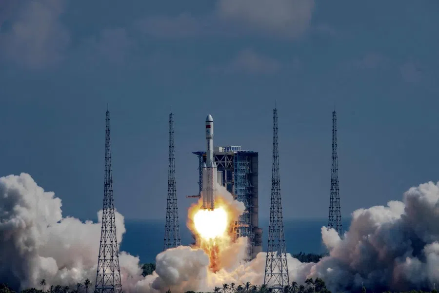 A Long March 7Y4 rocket carrying the Tianzhou 3 cargo ship launches from the Wenchang Space Launch Centre in China's southern Hainan province, on a mission to deliver supplies to China's Tiangong space station on 20 September 2021. (STR/AFP)