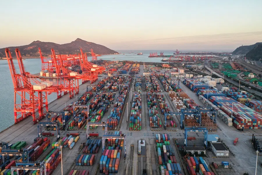 This file photo taken on 11 October 2021 shows containers stacked at Lianyungang port, Jiangsu province, China. (AFP)